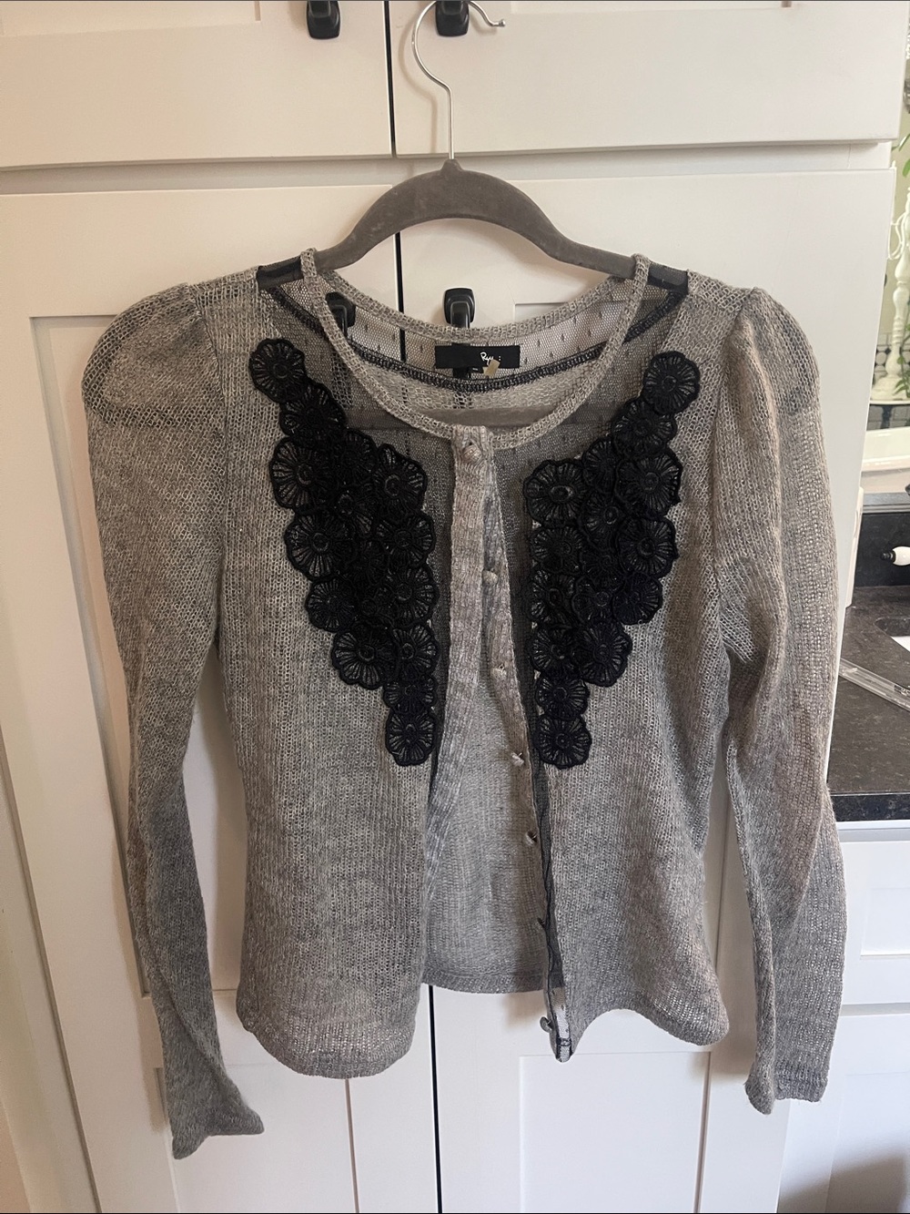 Rye Gray Cardigan with Black Lace Appliqué